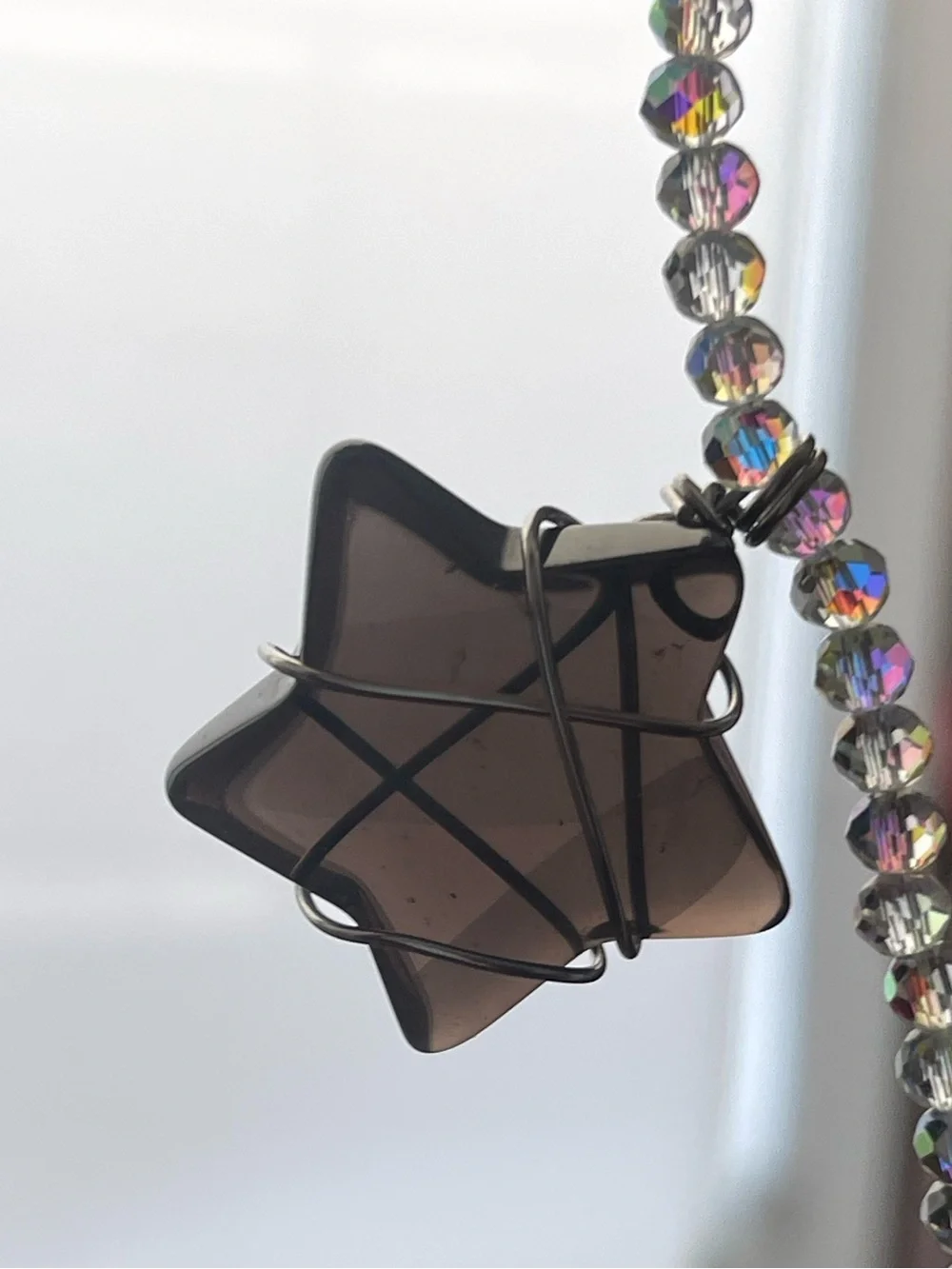 Mookaite Moon & Smokey Quartz Stars Necklace on Glass Beaded Chain Handmade